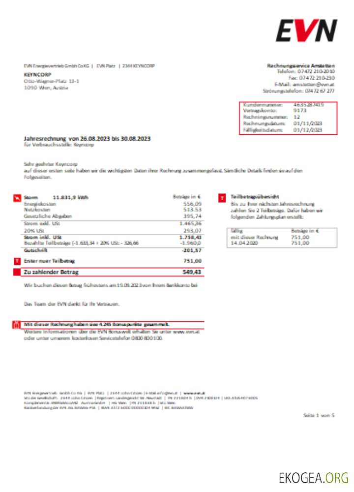 Facture commerciale du service public d'électricité EVN, page 1 SCR
